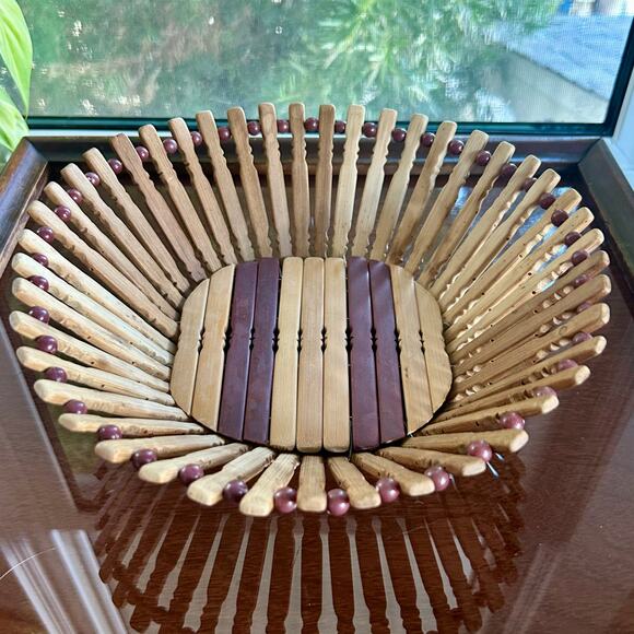 Vintage Wooden Bamboo Fruit Bowl Two-Tone Basket 10" - Picture 3 of 7